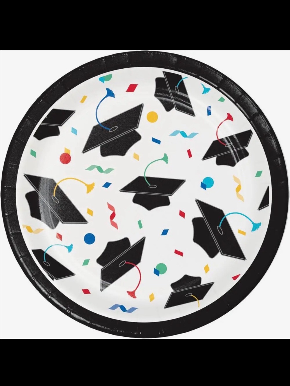 NWT! Graduation Cap Party Plates - Black & Multi-Color Confetti 🎓 8 per pkg
